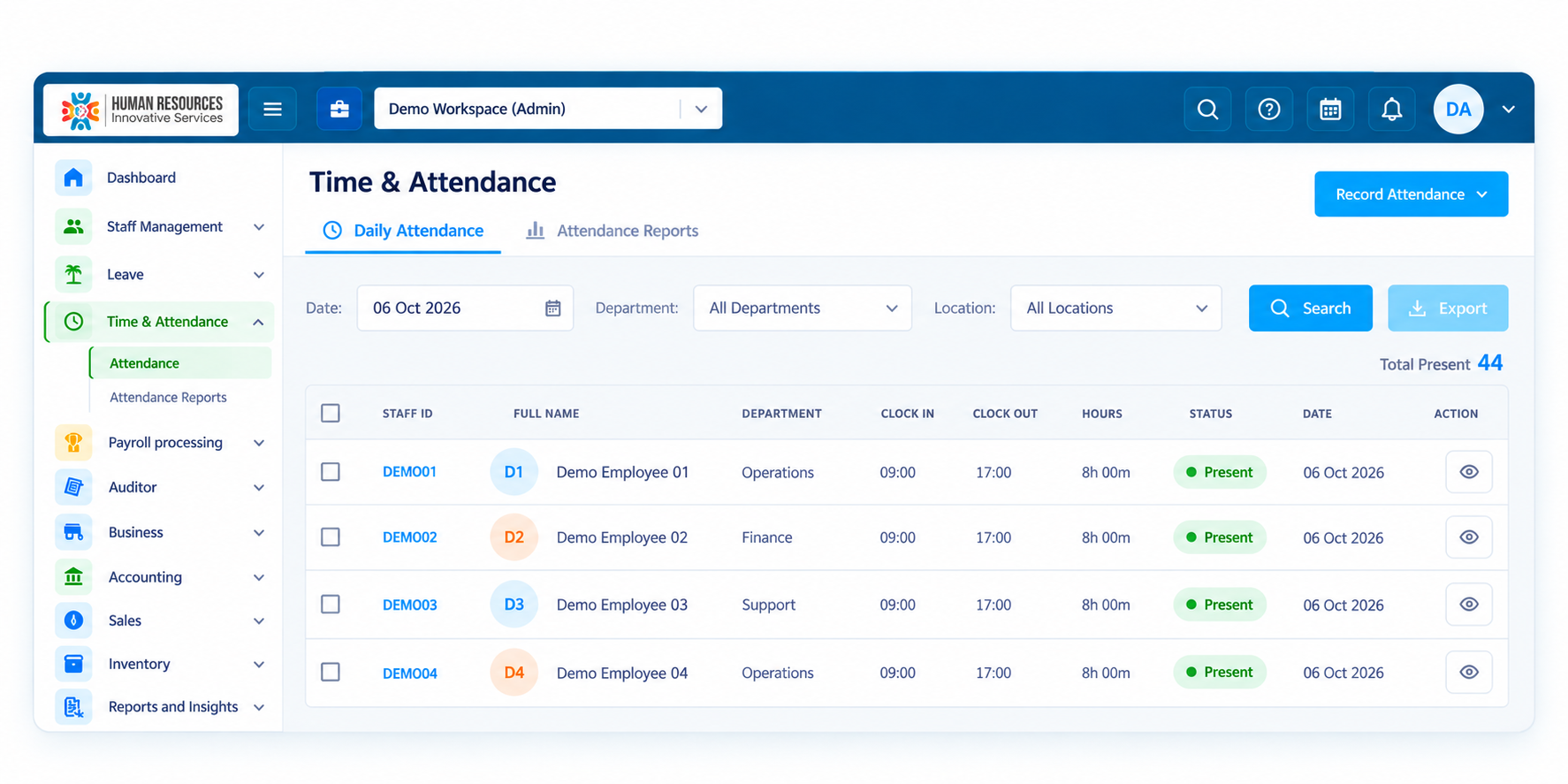 HRIS attendance portal showing only fictional demo employees