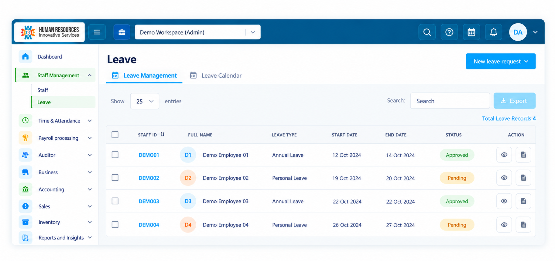HRIS leave portal showing only fictional demo employees
