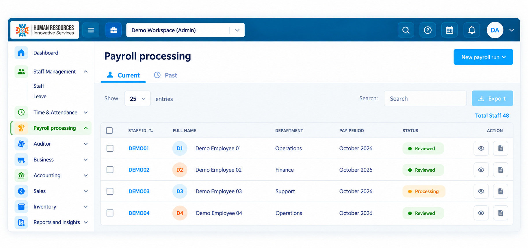 HRIS payroll portal showing only fictional demo employees