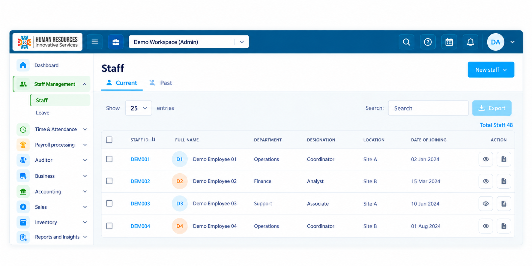HRIS people portal showing only fictional demo employees